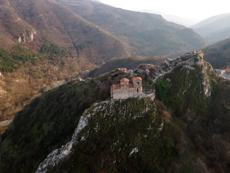 Aerial sunset view of ruins of Medieval Asen's Fortress, Asenovgrad, Plovdiv Region, Bulgariaのeditorial素材