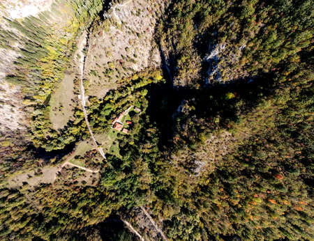 Aerial panorama of Medieval Razboishte monastery dedicated to Presentation of Mary, Sofia City Region,  Bulgariaの写真素材