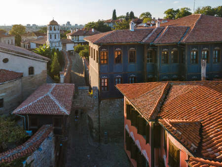 Aerial sunset view of The old town of city of Plovdiv, Bulgaria