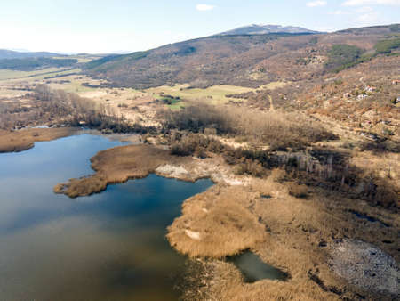 Aerial Spring view of Choklyovo swamp at Konyavska Mountain, Kyustendil region, Bulgaria