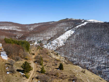 Aerial winter view of Konyavska mountain near Viden Peak, Kyustendil Region, Bulgaria