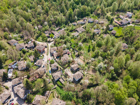 Aerial Spring view of village of Bozhentsi, Gabrovo region, Bulgariaの写真素材
