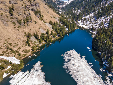 Aerial view of Suhoto Lake (The dry lake), Rila Mountain, Kyustendil region, Bulgariaの写真素材