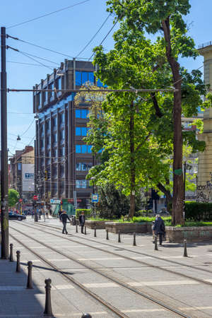 SOFIA, BULGARIA - MAY 9, 2021: Panoramic view of Graf Ignatiev street in Sofia, Bulgaria