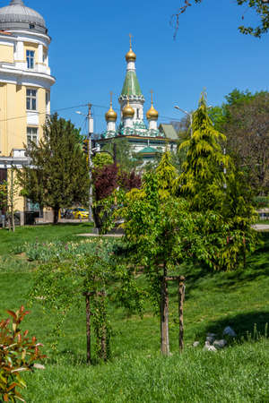SOFIA, BULGARIA - MAY 9, 2021:  Building and  Golden Domes of Russian church in Sofia, Bulgariaのeditorial素材