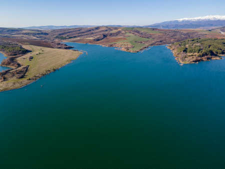 Aerial view of Dyakovo Reservoir, Kyustendil Region, Bulgariaの写真素材