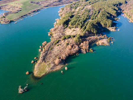 Aerial view of Dyakovo Reservoir, Kyustendil Region, Bulgariaの写真素材