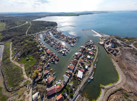 Aerial panorama of Fishing Village (Ribarsko Selishte) near city of Burgas, Bulgariaの写真素材