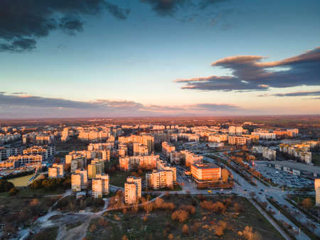 Aerial Sunset view of Typical residential building from the communist period at district Trakia in city of Plovdiv, Bulgariaの写真素材