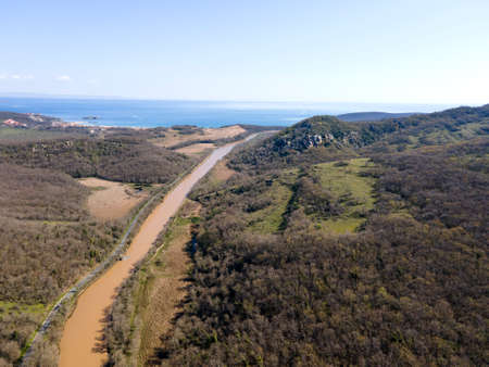 Aerial view of Ropotamo river at Arkutino region, Burgas Region, Bulgariaの写真素材