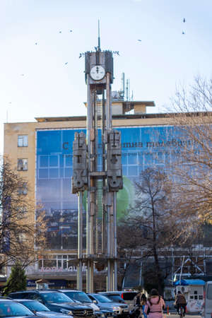 HASKOVO, BULGARIA - DECEMBER 29, 2020: New clock tower at the center of City of Haskovo, Bulgariaのeditorial素材