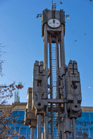 HASKOVO, BULGARIA - DECEMBER 29, 2020: New clock tower at the center of City of Haskovo, Bulgariaのeditorial素材