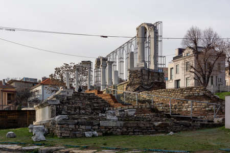 STARA ZAGORA, BULGARIA - AUGUST 5, 2021: Ruins of Antique Forum Augusta Traiana at the center of...