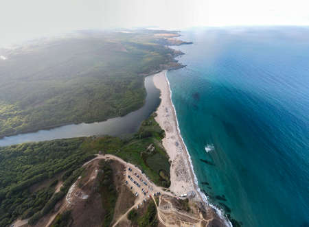 Aerial panorama of beach at the mouth of the Veleka River, Sinemorets village, Burgas Region, Bulgariaの写真素材