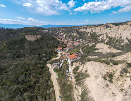 Aerial panorama of historical town of Melnik, Blagoevgrad region, Bulgariaの写真素材