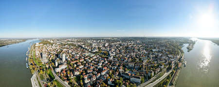 Aerial panorama of Danube River and City of Ruse, Bulgariaの写真素材