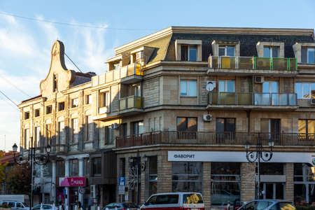 RUSE, BULGARIA -NOVEMBER 2, 2020: Typical Building and street at the center of city of Ruse,...