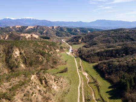 Aerial view of Melnik sand pyramids  near village of Zlatolist, Pirin Mountain, Blagoevgrad Region, Bulgariaの写真素材