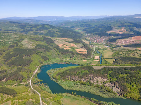 Aerial view of Topolnitsa Reservoir, Sredna Gora Mountain, Bulgariaの写真素材