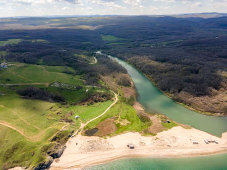 Aerial view of beach at the mouth of the Veleka River, Sinemorets village, Burgas Region, Bulgariaの写真素材
