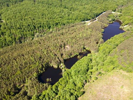 Aerial view of Sua Gabra Lakes at Lozenska Mountain, Sofia Region, Bulgariaの写真素材