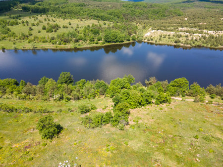 Aerial view of Upper Gabra lake at Lozenska Mountain, Sofia Region, Bulgariaの写真素材