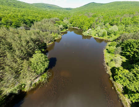 Aerial panorama of Sua Gabra Lakes at Lozenska Mountain, Sofia Region, Bulgariaの写真素材