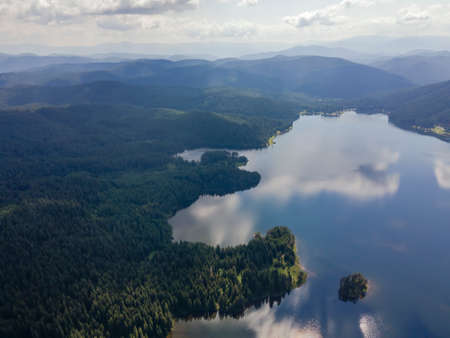 Aerial panorama of Shiroka polyana (Wide meadow) Reservoir, Pazardzhik Region, Bulgariaの写真素材