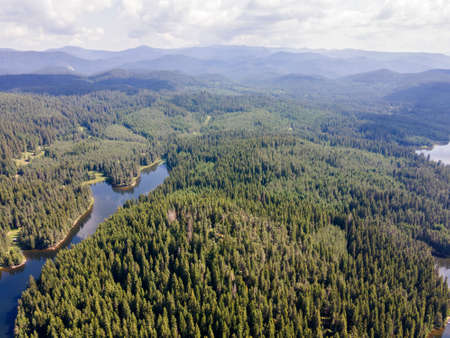 Aerial panorama of Shiroka polyana (Wide meadow) Reservoir, Pazardzhik Region, Bulgaria