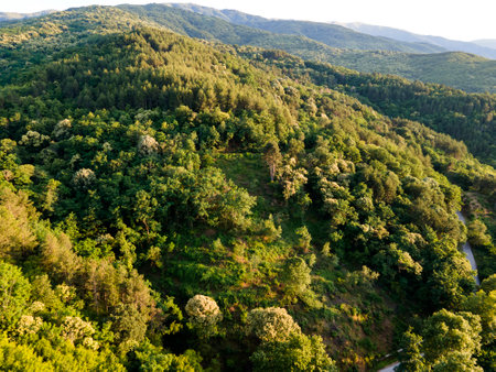Aerial Sunset view of Belasitsa Mountain near town of Petrich, Bulgariaの写真素材
