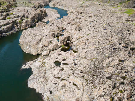 Aerial view of Sheytan Dere (Shaitan River) Canyon under the dam of Studen Kladenets Reservoir,...