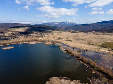 Aerial Spring view of Choklyovo swamp at Konyavska Mountain, Kyustendil region, Bulgariaの写真素材
