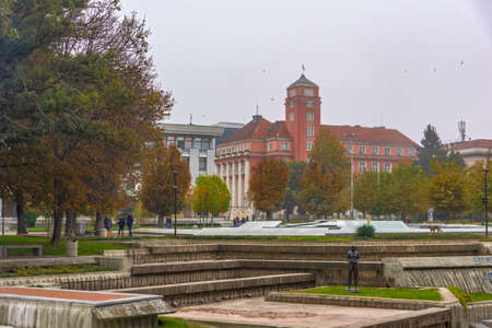 PLEVEN, BULGARIA - NOVEMBER 8, 2020: Panorama of the center of city of Pleven, Bulgaria