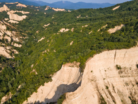 Aerial sunset view of Rozhen sand pyramids, Blagoevgrad region, Bulgariaの写真素材