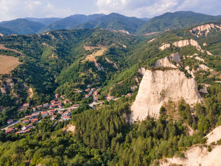Aerial sunset view of Rozhen sand pyramids, Blagoevgrad region, Bulgariaの写真素材