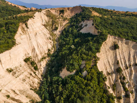 Aerial sunset view of Rozhen sand pyramids, Blagoevgrad region, Bulgariaの写真素材