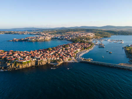 Amazing Aerial sunset view of old town of Sozopol, Burgas Region, Bulgariaの写真素材
