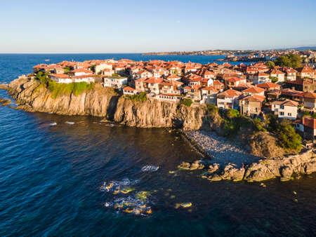Amazing Aerial sunset view of old town of Sozopol, Burgas Region, Bulgariaの写真素材