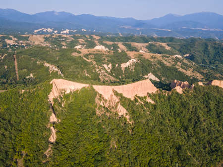 Aerial sunset view of Rozhen sand pyramids, Blagoevgrad region, Bulgariaの写真素材