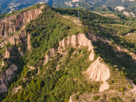 Aerial sunset view of Rozhen sand pyramids, Blagoevgrad region, Bulgariaの写真素材