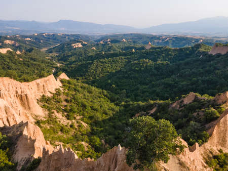 Aerial sunset view of Rozhen sand pyramids, Blagoevgrad region, Bulgariaの写真素材