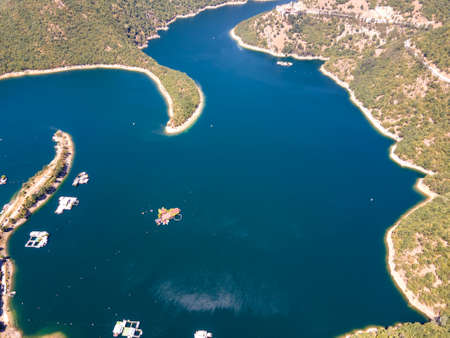 Aerial view of Vacha (Antonivanovtsi) Reservoir, Rhodope Mountains, Plovdiv Region, Bulgaria