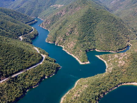 Aerial view of Vacha (Antonivanovtsi) Reservoir, Rhodope Mountains, Plovdiv Region, Bulgaria