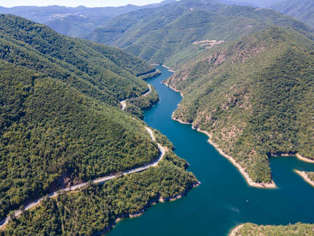 Aerial view of Vacha (Antonivanovtsi) Reservoir, Rhodope Mountains, Plovdiv Region, Bulgaria