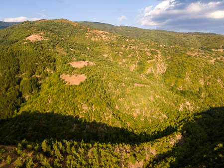 Aerial sunset view of Ograzhden Mountain, Blagoevgrad Region, Bulgaria