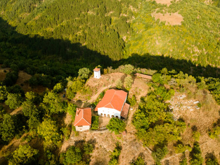 Aerial view of Medieval Churilovo monastery dedicated to Saint George, known as monastery with the devils, Blagoevgrad Region, Bulgariaの写真素材