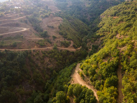 Aerial sunset view of Ograzhden Mountain, Blagoevgrad Region, Bulgariaの写真素材