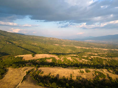 Aerial sunset view of Ograzhden Mountain, Blagoevgrad Region, Bulgaria