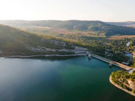 Aerial view of Aleksandar Stamboliyski Reservoir, Gabrovo and Veliko Tarnovo Regions, Bulgariaの写真素材