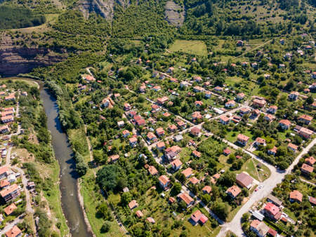 Aerial view of village of Tserovo , Balkan Mountains, Bulgariaの写真素材